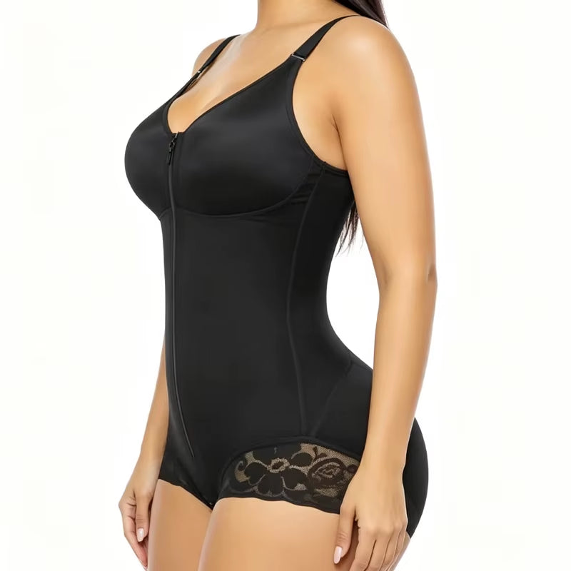 OEM Wholesale Women Zip Front Lace Bodysuit High Compression Tummy Control Butt Lift Crotch Hook Adjustable Strap Shaper