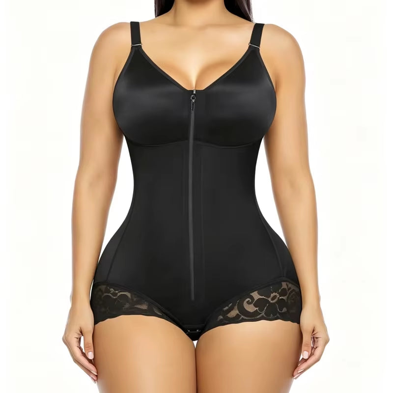 OEM Wholesale Women Zip Front Lace Bodysuit High Compression Tummy Control Butt Lift Crotch Hook Adjustable Strap Shaper