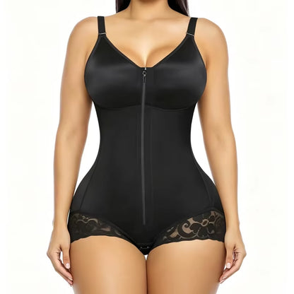 OEM Wholesale Women Zip Front Lace Bodysuit High Compression Tummy Control Butt Lift Crotch Hook Adjustable Strap Shaper