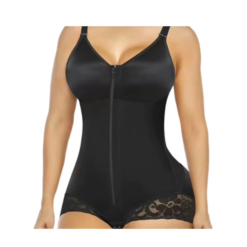 OEM Wholesale Women Zip Front Lace Bodysuit High Compression Tummy Control Butt Lift Crotch Hook Adjustable Strap Shaper