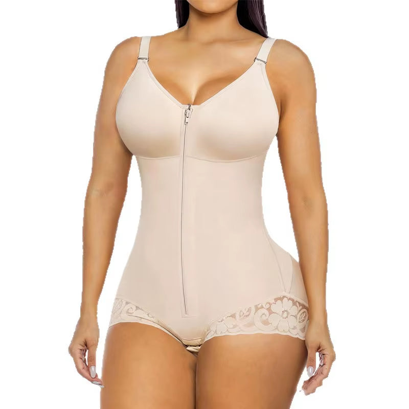 OEM Wholesale Women Zip Front Lace Bodysuit High Compression Tummy Control Butt Lift Crotch Hook Adjustable Strap Shaper