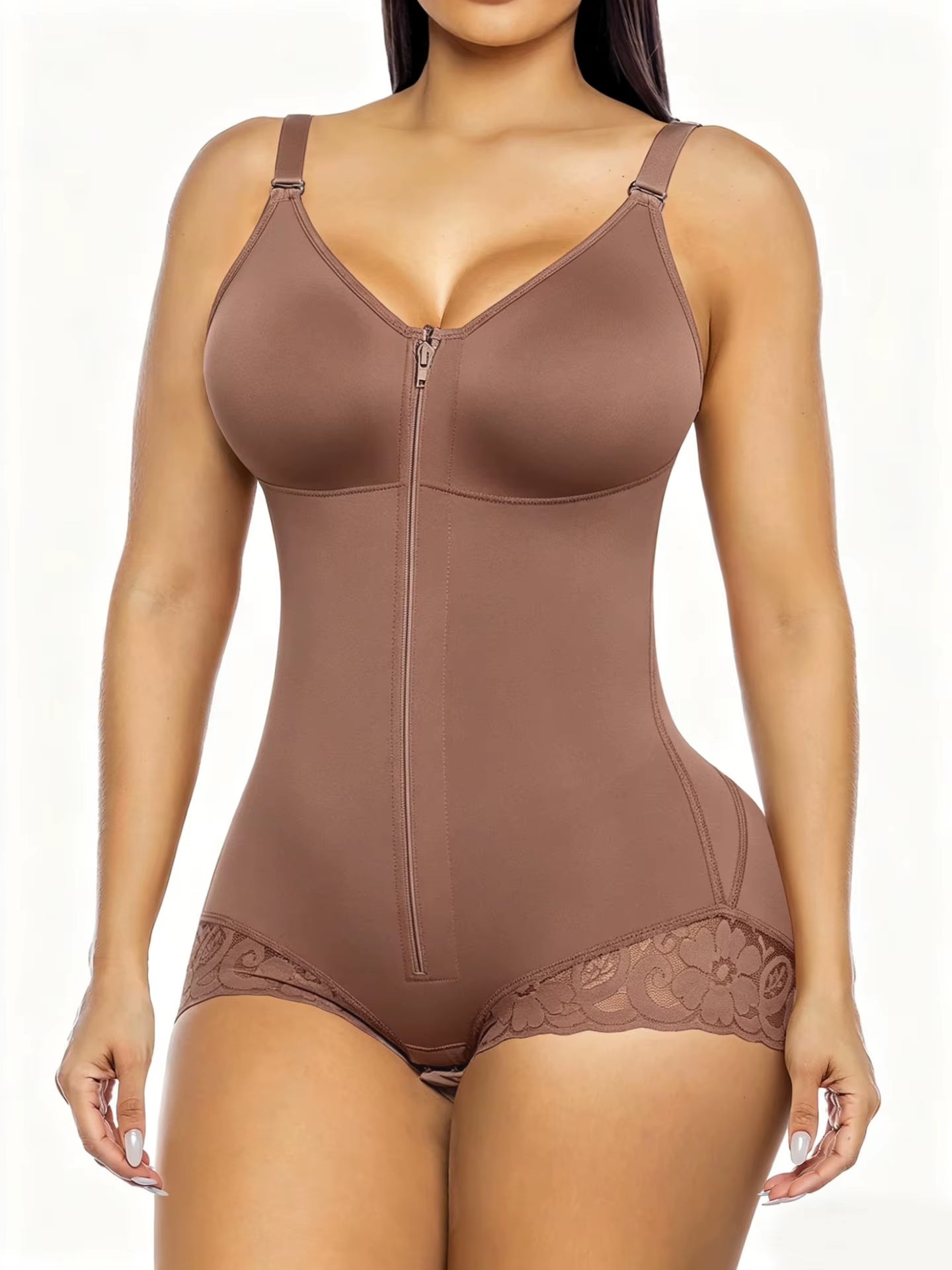 OEM Wholesale Women Zip Front Lace Bodysuit High Compression Tummy Control Butt Lift Crotch Hook Adjustable Strap Shaper