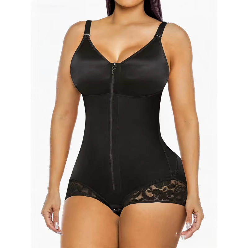OEM Wholesale Women Zip Front Lace Bodysuit High Compression Tummy Control Butt Lift Crotch Hook Adjustable Strap Shaper